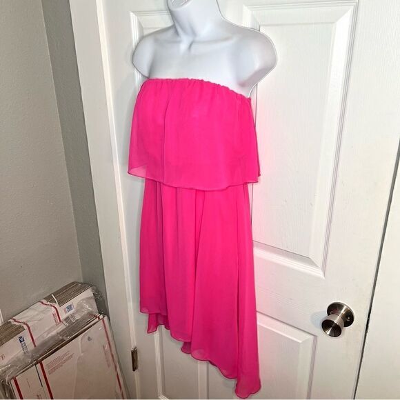 Nymphe Strapless Hi Lo Hem Chiffon Mini Dress Hot Pink S NWT - Picture 5 of 8